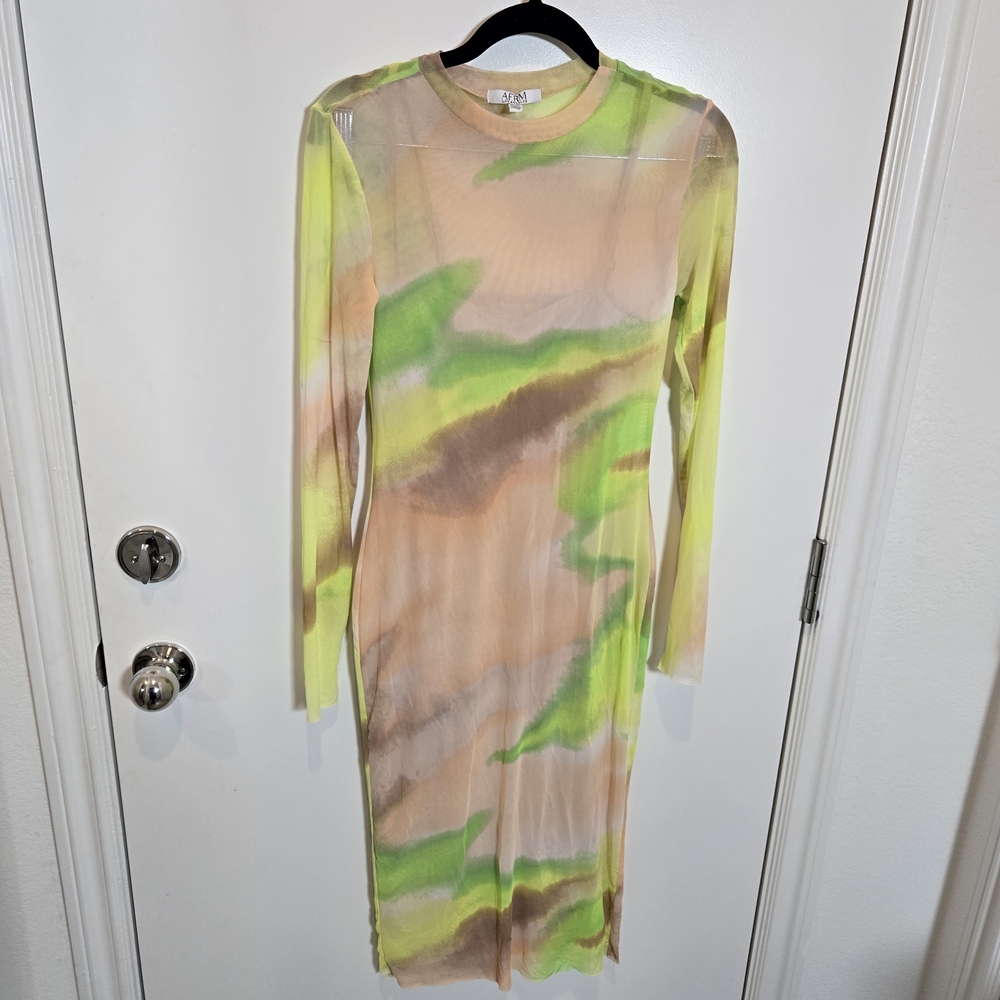 AFRM Sheer Abstract Long Sleeve Bodycon Dress - Lime Green & Beige